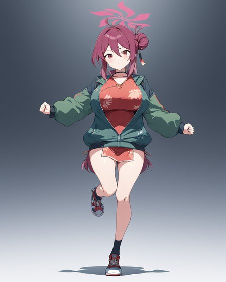 reijo \(blue archive\),1girl, solo, sneakers, socks, halo, full_body, clenched_hands, large_breasts, choker, single_hair_bun, green_jacket, standing_on_one_leg, simple_background
<lora:reijo_(blue_archive)_image490_2023-12-03:1>halo. gorgeous,key visual, vibrant, studio anime,award-winning, professional, highly detailed,high budget, cinemascope