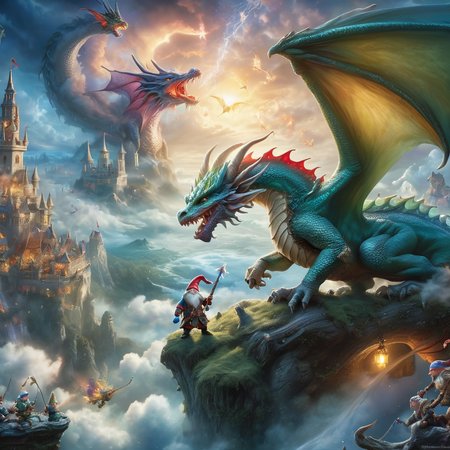 Fujifilm quality photograph (best quality)++, (masterpiece)++, (detailed)+, elf on the shelf fighting a Dragon, (fantasy illustration)1.3, enchanting Dragon battle elf on the shelf, mystical battle, (many gnomes battling)1.4 (whimsical charm).4 Otherworldly charm, mystical sky, (Luis Royo)1.2, (Yoshitaka Amano)1.1, moonlit night, soft colors, (detailed cloudscape)1.3, (high-resolution)1.2 (gnomes  battling everywhere)1.2 , <lora:DonM3t3rn1tyXL-v1.1:0.3> DonM3t3rn1tyXL <lora:DonMD1g174l4sc3nc10nXL:0.3> DonMD1g174l4sc3nc10nXL  <lora:Dragons:0.8> dragon  <lora:EnvyMagicalXL01:0.3> magical <lora:FantasyLandscape:0.8> FanLan