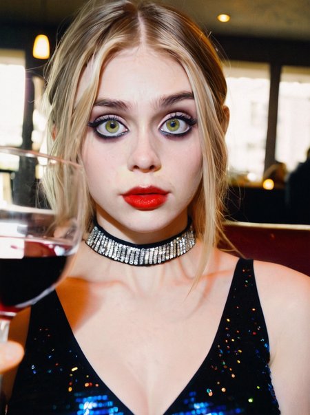 analog photograph of 1girl looking like Betsy_Jones_P_MXAI_SDXL , shy expression, wearing a sequin dress, wearing a diamond choker, red lips, dramatic makeup, sitting in a restaurant, holding a glass of wine, medium closeup shot,  filmgrain