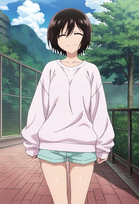 masterpiece, best quality, absurdres, detailed skin, detailed eyes, anime colored, anime screencap,
<lora:Kohakobe_Midori:0.8>, Kohakobe Midori, 1 girl, dark hair, hair between eyes, brown eyes, smile, eyes closed, looking at viewer, 
puffy sleeves, sleeves past wrists, shorts,
outdoors,