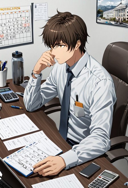 Highres, Masterpiece, High Quality, 4K, 8K, solo, 1Boy, Seiya Kanie, short dark brown hair, golden eyes, worker, working, office space, office desk, white wall, carpet floor, office chair, sitting, concentration, focus, think, fidget, pen, notepad, laptop, coffee, water bottle, document, calendar, calculator, wall clock, easynegative, detailed_eye_model