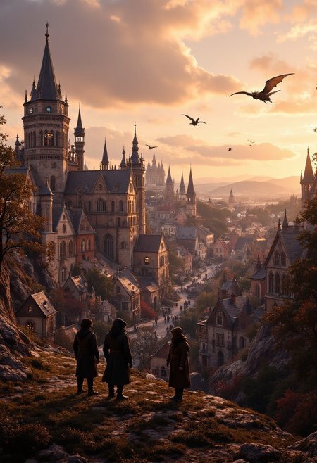 a medieval-style cityscape at sunset. The layout features a sprawling city with a large, ornate castle on the left, characterized by multiple spires and turrets. The city is densely packed with rustic buildings, their rooftops varying in height and style, creating a complex, layered appearance. In the foreground, three figures in cloaks stand on a rocky outcrop, observing the scene. The sky is filled with warm hues of orange and pink, casting a dramatic light over the landscape. Several dragon-like creatures soar through the sky, adding a sense of fantasy and adventure. The overall atmosphere is mystical and immersive, capturing the essence of a fantastical world. aidmafluxproultra