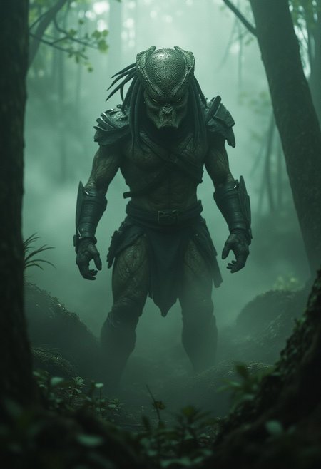 "Predator's Gaze: Shrouded in Mist", full-length in motion, bottom-up view, the fearsome appearance of the iconic hunter from the sophistication of Weta Digital, shrouded in clouds of mysterious smoke in an ancient forest, presented in stunning hyperrealism
Concept art inspired by Gabriele Dell'otto,