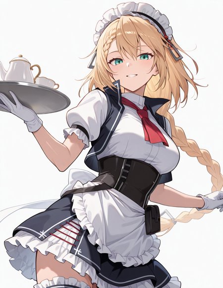 Volumetric Lighting, (masterpiece), (best quality), (ultra-detailed), masterpiece, source_anime, score_9, score_8_up, score_7_up BREAK, illustration, disheveled hair, detailed eyes, perfect composition, moist skin, intricate details, detailed eyes, detailed face, detailed fingers BREAK, G36,blonde hair, blue eyes, braided bangs, braided ponytail,very long braid BREAK, G36def,def_dress, def_corset, def_maid_headdress, def_maid_apron, def_ascot, def_vest, def_gloves, def_skirt,def_bridal_garter,def_pouch BREAK, looking at viewer, simple background, white background, holding, medium breasts, upper body, cup, aqua eyes, tray, teacup, holding tray, teapot, smile