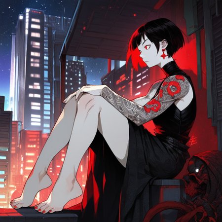 score_9, score_8_up, score_7_up, score_6_up, score_5_up, score_4_up, zPDXL2, 1girl, solo, pale skin, red eyes, black hair, short hair, bangs, cleavage, earrings, legs, feet, mid drift, city, night, stars, sitting, sleeveless, arm tattoos,