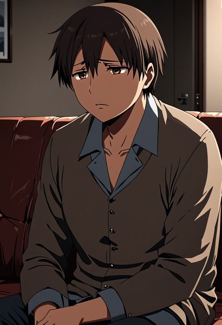 high resolution, solo, best quality, 1Boy, Takaki Toono, Brownish Hair, Brown Eyes, deep talk, depression, sit, couch, OverallDetail