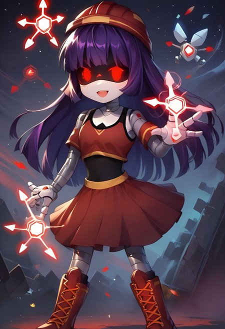 score_9,score_8_up,score_7_up, ASCII,masterpiece,
MD-Doll,android, robot, joints, mechanical_arms, mechanical legs, long purple hair, hollow eyes, red pixel eyes,red crop top, red skirt, black tank top, red boots, red dress, casting spell, magic, glowing hand,red helmet,dinamic pose,