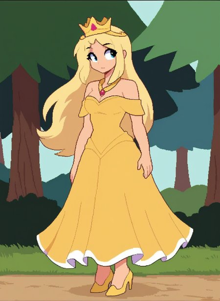 1girl, solo, full body, outdoors, forest,  <lora:Kukul_pony:1>, jaggy lines, Kukul, blonde hair, long hair, crown, 
gold dress, jewelry, off shoulder, princess, bare shoulders, Golden High Heels, necklace