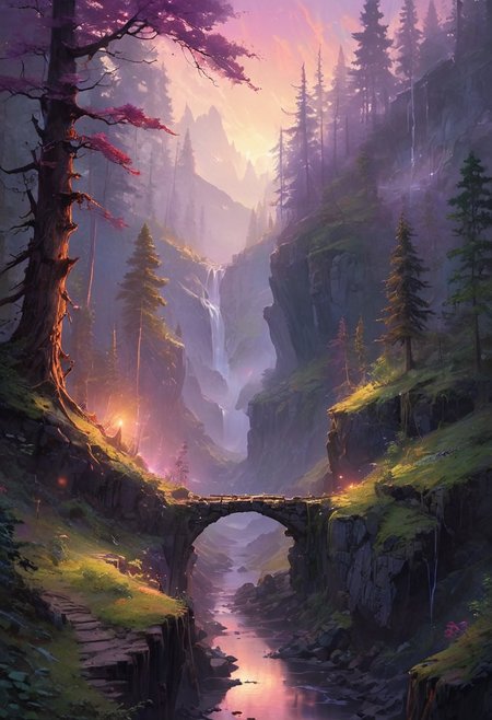 A rickety bridge stretches precariously across a deep chasm, connecting two rugged sides of a dense forest nestled within rocky mountains. The forest is thick with towering trees, their leaves a lush green canopy that barely lets any light through. The scene is set against a colorful sky, painted with hues of pink, orange, and purple as the sun sets, casting an otherworldly glow over the landscape. Smoke rises gently from an unseen source, mingling with the thick mist that clings to the ground, creating an eerie and mysterious atmosphere. The overall setting is dark and foreboding, yet strangely beautiful, as the interplay of light and shadow brings the forest to life.  [romantic impressionism,dream scenery art,beautiful oil matte painting,romantic,style of thomas kinkade,beautiful digital painting,anime landscape,romantic painting,dreamlike digital painting,colorful painting,beautiful gorgeous digital art,style of greg rutkowski,janek sedlar,jenny saville:0] <lora:vivid_everclear:0.6> <lora:Sinozick:0.65>