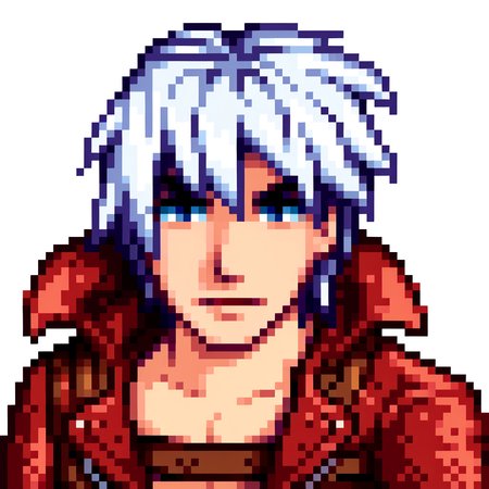 score_9, score_8_up, score_7_up, source_anime, BREAK, solo, 1boy, looking at viewer, <lora:Stardew-Valley-Portraits-pdxl_Fp:1>, portrait, simple background, pixel art, white background, <lora:dmc3_dante_ponyXL:1>, dmc3dante, red coat, bandeau, white hair, blue eyes,