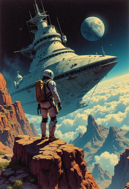 comic book art, a handsome male astronaut wearing sleek modern spacesuit holding a retro laser pistol on (A massive, ancient spaceship floating derelict in deep space.), retro sci-fi style, dynamic lighting, digital art, cinematic shot, fantastically beautiful, illustration, aesthetically inspired by classic sci-fi movies, by Paul Lehr by Jon Whitcomb, samdoesart, dreamlikeart.