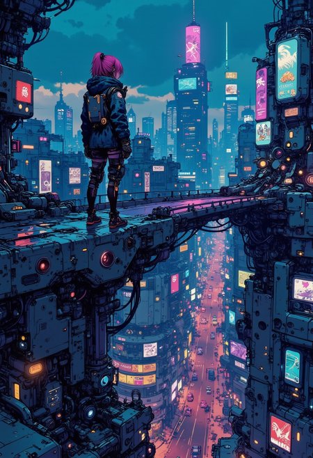 in the style of cksc, studio anime art, detailed ink sketch, high quality digital illustration.  Standing at the edge of a high-tech bridge suspended between two skyscrapers, a lone female drifter gazes out over a sprawling cyberpunk cityscape. Her hair is streaked with neon highlights, glinting in the endless glow of digital billboards flashing advertisements. Her skin is almost metallic, embedded with cybernetic enhancements that pulse softly, echoing the rhythmic beats from the streets far below. The city stretches infinitely, layers of elevated roads intertwined with neon-drenched buildings, while streaks of rain blur the endless glow of skyscrapers disappearing into the sky. She stands as if lost in thought, a symbol of human resilience in a mechanical world. (hyperdetailed cityscape and neon lighting:1.1), (intricate details in character and reflections:1.1), (Refined rain and lighting effects:1.1), (best quality:1.1), (high resolution:1.2)