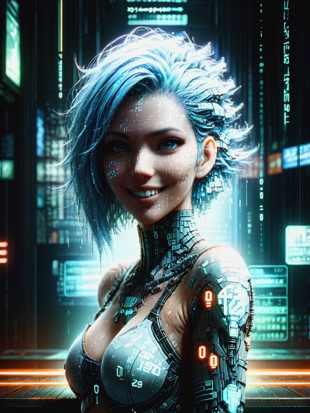 woman with light blue hair,  cyberpunk, crowded bar,  floating orange numbers, light smile, mad-dtstrm <lora:Neon_Cyberpunk_Datastream_SDXL:1.2>, (masterpiece:1.2), best quality