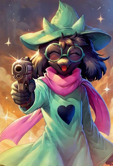 ((Deltarune, RalseiBlack, Green Hat, Green Robe, Green Glasses, Black Fur, closed eyes, Pink scarf, smiling, open mouth, Dynamic lighting, dynamic pose, high quality, detailed body, detailed drawing, beautiful face, high resolution, cute drawing, POV, (aiming pistol at viewer :1.2), 1 handgun, gun in right hand aiming at viewer, muzzle pointing to the viewer, gunatyou, solo))
 score_8_up,score_9, score_7_up,