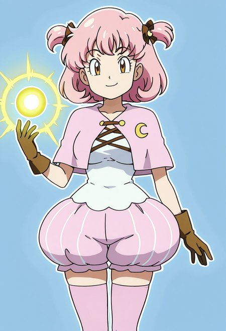 masterpiece, best quality, solo, curvy, beautiful eyes, narrow waist, large breasts, 1girl, solo, smile, looking at viewer,    zzMomo, brown eyes, short hair, pink hair, hair bow, two side up, hair ornament, hair ribbon,  capelet, white shirt, brown gloves, puffy shorts, pink thighhighs, zettai ryouiki,  ,<lora:MomoByKurumiErika_IXL:1.0>,  ,vivid aura, looking at viewer, blue background, smug, aura, super saiyan, charging energy, energy ball, energy, lightning, <lora:DBSBroly_Style_IXL_v2:0.6>,