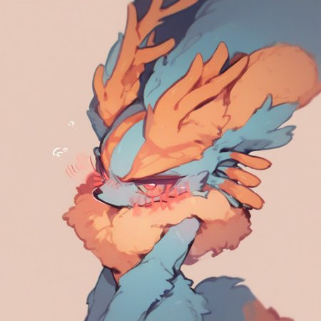 score_9, score_8_up, score_7_up, score_6_up, Fecto Elfilis, blue fur, multicolored eyes, head wings, antlers, yellow fur, colored sclera, fluffy tail, blush lines
