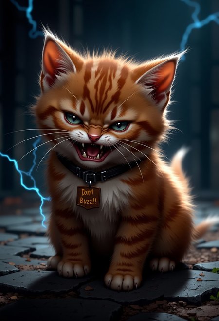 score_9, score_8_up, score_7_up,
plump, crimson kitten, wearing a collar with a tag, ((tag reads "Don't Buzz!!")),
(puffed up kitten, angry kitten), electrified fur, hissing, attack kitten, thick fluffy fur, long ears, chest tuft, perfect feline eyes, perfect paws with (long sharp claws), smooth detailed snout, night time, stormy night, outdoors
high resolution, detailed, 4k, realism, rule of thirds, golden ratio, depth of field,