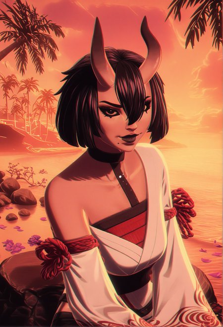GLSHS,delicate colors,partially illuminated, (masterpiece, absurdres, very awa:1.4), golden hour, orange theme, sunset, beach, rocks, beach ball, sand, palm tree, smug, looking at viewer, female focus, (portrait:1.3), fortnitenightrose, 1girl, solo, black hair, short hair, bob cut, bangs, hair between eyes, hair over one eye, asymmetrical horns, oni horns, horns, skin-covered horns, black eyes, black sclera, colored sclera, closed mouth,  mole, mole under mouth, black lips, lipstick, makeup,  choker, black choker, wide sleeves, long sleeves, detached sleeves, off shoulder, armor, japanese armor, japanese clothes, kimono, white kimono, obi, sash, kusazuri, red rope, gloves, black gloves,  pants, natural hot spring, sitting on rock with legs dipped in water, wet skin, towel draped around body, cleavage, steam, gentle ripples in water, warm lantern glow, flower petals floating on water, <lora:GLSHS-IL:1.3>,  <lora:Fortnite_The_Night_Rose_All_Outfits_ILXL:1.1>, <lora:dmd2_sdxl_4step_lora:1>