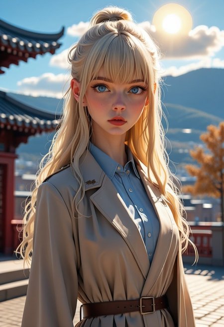 Lea, 1girl, fair, porcelain-like skin, long platinum-blonde hair with bangs that frame her face, petite, slender figure, small nose, small breast, blue eyes, 
,coat, trench coat, outdoors, city, sky, sun, clouds, looking at viewer, cowboy shot