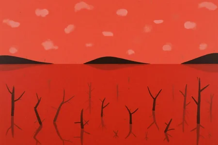 dorislee1 painting.
A barren landscape under a reddish-orange sky, suggesting either sunset or dusk. The sky is filled with scattered, wispy white clouds. The horizon line is marked by a low, dark silhouette of a small, rounded hill on the left and another, more elongated shape on the right.
There are dead trees at the bottom of the image.
 <lora:dorislee1_cap_d6a3:1.0><lora:834815065644477237:0>