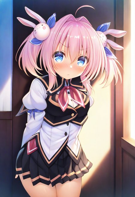 masterpiece,best quality,amazing quality,very aesthetic,absurdres,newest,scenery,<lora:Toyama Haneru_ilxl_v1-000010:1>,toyama haneru,1girl,white background,solo,pink hair,blue eyes,hair ornament,skirt,school uniform,rabbit hair ornament,twintails,arms behind back,long sleeves,pleated skirt,ahoge,looking at viewer,blush,hair intakes,puffy sleeves,
