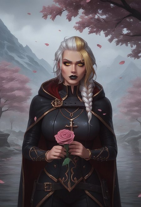score_9, score_8_up, score_7_up, (realistic:1.2), mysterious girl, alluring goddess,, smooth, very detailed, etra detailed, intricate details, highly detailed,  masterpiece, best quality, amazing quality, (wet hair:1.2), 1girl, solo, cherry blossoms falling around her, misty mountains in the background, focused and serene expression, mature female, curvy, Jaina Proudmoore, 1girl, mature female, white hair, blonde hair, yellow eyes, pupils, storm, anchor necklace, (3/4 body shot:1.3), dark, thunder, rainy:1.2, windy:1.2, mountains at the background,  (burgundy lightning:1.2), black lips, sith lord, star wars, sith, black hood, black cape, hood on head, turtleneck, (total black clothing:1.2),, (close up face), jainapost, (fully clothed), (she holding pink rose:1.3), (looking at object), (she is looking at rose in her hand:1.2),,roses, pink roses, roses, rose petals, rose, (dramatic atmosphere), (detailed background), side view, (head down:1.1)