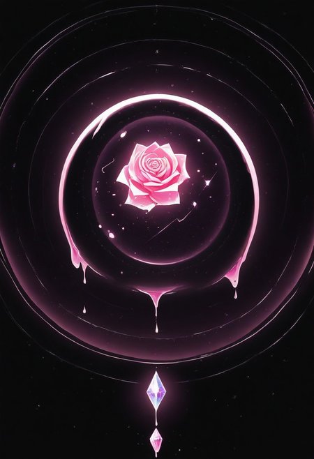 (masterpiece), best quality, Anime, Illustration, (Floating Sphere, Crystal, Magic, Reflection, Melting, Dripping, Pink Rose), Black Background, No Humans, Starry Theme, (Light Refraction), White and Pink Theme, Natural Lighting, symphtia-style
