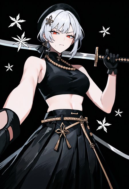 score_9, score_8_up, score_7_up, score_6_up, score_5_up, score_4_up,
BREAK
1girl, sanhua, red eyes, white hair, black beret, short hair, low ponytail, mole under mouth, bangs, hair ornament, blush, flustered, looking to the side, looking away, half-closed eyes,
BREAK
solo, from below, pantyshot, black crop top, turtleneck, sleeveless, black skirt, layered skirt, long skirt, skirt lift, from below, skinny, black gloves, holding sword, fighting stance, snowflakes, katana,
BREAK
black background, simple background, perspective, dynamic pose, dark, <lora:Lunas-Zzeeonn-SDXL-A1:1> <lora:Lunas-Sanhua-Wuthering Waves-SDXL-A3-000004:1>