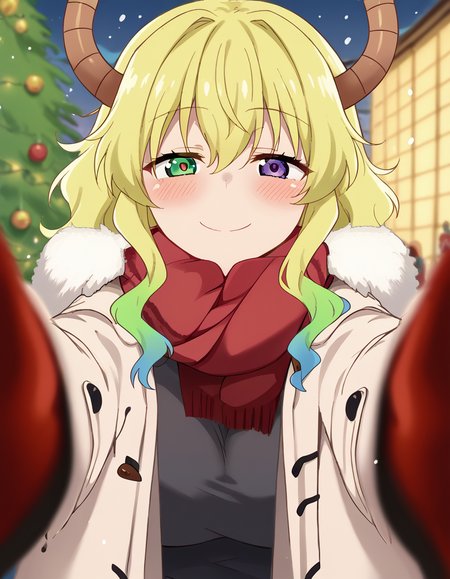 score_9, score_8_up, score_7_up, source_anime, <lora:dragon-lucoa-s2-ponyxl-lora-nochekaiser:1>, lucoa, blonde hair, blue hair, dragon girl, gradient hair, green hair, hair between eyes, horns, huge breasts, multicolored hair, green eyes, purple eyes, yellow pupils, heterochromia,, <lora:pov-cheek-warming-ponyxl-lora-nochekaiser:1>, pov cheek warming, pov cheek warming (meme), winter gloves, duffel coat, fur-trimmed scarf, winter clothes, red mittens, meme, winter coat, red scarf, fur-trimmed coat, reaching towards viewer, reaching, mittens, fur-trimmed hood, white coat, open coat, scarf, coat, red gloves, snowing, pov, fur trim, depth of field, smile, blush,, christmas, christmas tree, christmas lights,,