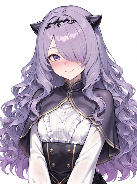 masterpiece, best quality, amazing quality, very aesthetic, absurdres, newest,shiny skin  anime screenshot,  anime coloring,   <lora:CamillaTest:1>camillanew, purple hair, long hair, hair over one eye, solo, purple eyes, wavy hair, capelet, simple background, , smile,  upper body,  white background,  nose blush, small breasts,