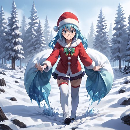 best quality, highres, high resolution, score_9, score_8_up, score_7_up, score_6_up, score_5_up, score_4_up, 1 female, aqua is wearing Santa outfit, her outfit is made of snow crystals,  (Aqua_(Konosuba):1), fr0stwrld, snow, ice, <lora:Fr0stWrld-v10:1.2> , <lora:Aqua Pony:1> ,full body, front yard of a house in snow forest, snow background, standing , anime pose, happiness face