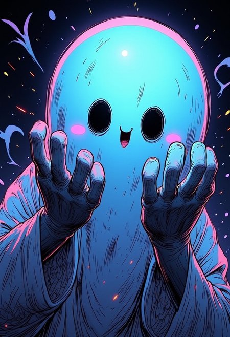 nistyle, A gritty Manga Sketch Showing an translucent transparent spectral cute Ghost, amazing Details, high Quality and hyperdetailed realistic Photography, volumetric lighting