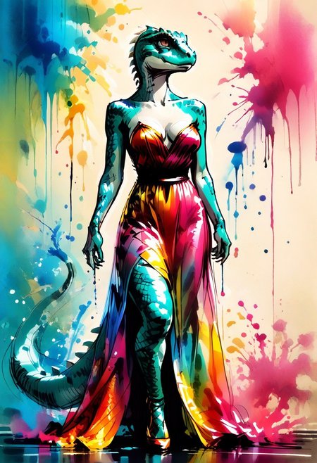 ink sketch, furry, lizard, lizard head, mutant girl, solo, translucent temptation colorful, full body, beautiful colorful dress, playboy poses, ink splash background, long tail