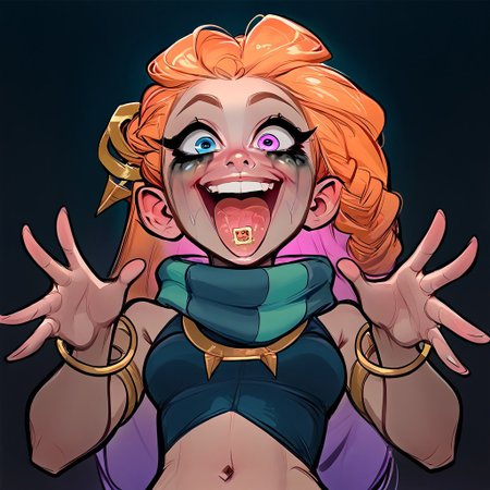 1girl, (ruined makeup:1.25), (excited:1.9), (solo), extreme close-up, intense dynamic angle from below, very near picture, macro shot focused on face, score_9, score_8_up, score_7_up, score_6_up, source_cartoon, Expressiveh, ZoeLoLXL, purple eyes, (blue eye:1.1), heterochromia, orange hair, multicolored hair, gradient hair, long hair, single braid, hair ornament, forehead, small breasts, green scarf, striped scarf, bare shoulders, blue midriff, necklace, armlet, bracelet, navel, blue shorts, green belt, blue legwear, toeless legwear, show only face, 34tp4p3r, open mouth, tongue out with a small, detailed stamp on the tongue, camera positioned close to face at a slightly low angle, arms reaching towards the camera, hands extended forward, foreshortened arms, perspective focus on hands and face.