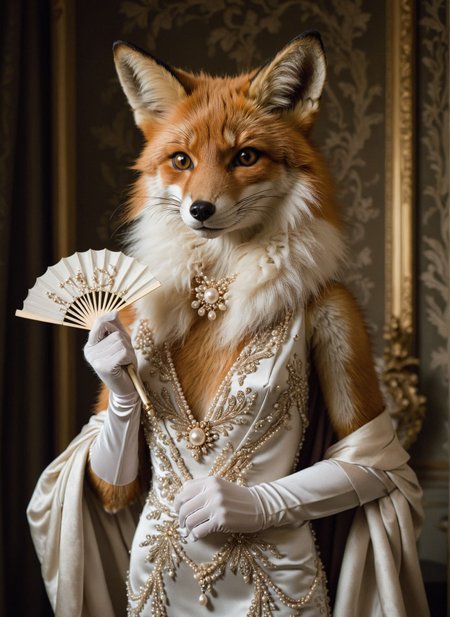 fashion photography, closeup portrait, an elegant anthropomorphic fox in a stylish evening gown, wearing pearls and holding a delicate fan, set against a luxurious, velvet-draped background, sophisticated and classy 
<lora:xray:1>
 <lora:WildcardX-XL-Detail-Enhancer:1>