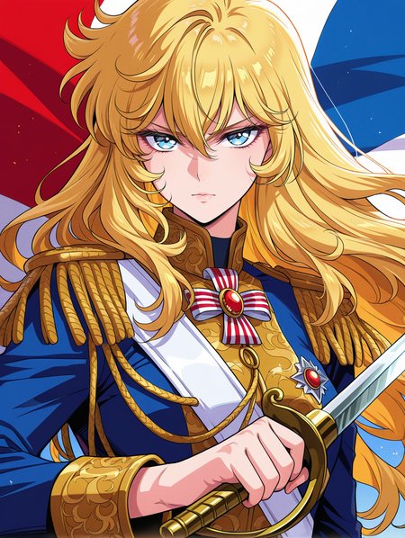 retro artstyle,1girl,oscar francois de jarjayes,solo,gold epaulettes,looking at viewer,french flag,rapier,holding rapier,serious,upper body,closed mouth,blue coat,blue military uniform,
masterpiece,best quality,amazing quality,very aesthetic,absurdres,newest,<lora:oscar_francois_de_jarjayes illusXL v1:0.72>,