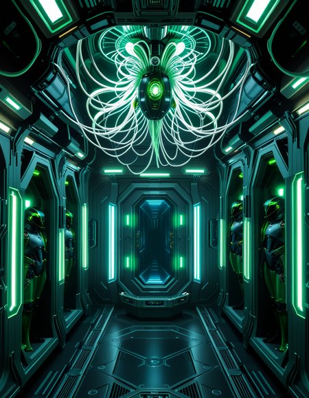 A dark, oppressive regeneration chamber deep within a Borg vessel â a biomechanical environment where drones return to recharge and interface with the collective. The chamber is dimly lit with pulsating green and white lights that flicker through dense shadows. The walls are lined with vertical alcoves, each containing a Borg drone standing motionless, plugged into the system via biomechanical tendrils, tubes, and neural interfaces embedded into their bodies.
The surfaces of the room are a fusion of metallic plating, organic texture, and cybernetic growths â as if the ship itself is alive, constantly shifting and adapting. Steam hisses softly from vents near the floor, and faint mechanical whirring echoes through the chamber. Fiber optic cables pulse with data transmissions, running across the ceiling like glowing veins. 
Above, a central neural conduit hangs like a mechanical spine from the ceiling, branching out and connecting to each alcove, feeding the collective hive mind with real-time information. The atmosphere is cold, sterile, and unnervingly silent â a place devoid of individuality, where only the will of the collective exists. There is no comfort here, only efficiency, order, and total control. 
<lora:SDXLFaeTastic2400:0.4> <lora:extremely_detailed:0.4> extremely detailed,<lora:borg_recharge_ch4mb3r:1>,borg recharge ch4mb3r, Masterpiece,best quality,hi res,8k,hi res,8k,award winning,(sharp focus, intricate, highly detailed),
