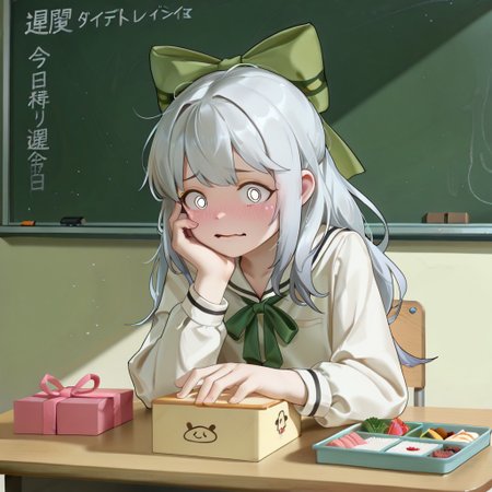 lazypos, character focused, anime girl, silver hair, long hairstyle, school uniform, white blouse, green ribbon, blushing face, nervous expression, sitting pose, classroom setting, bento box, handheld gift, comedic mood, awkward situation, soft shading, modern anime, expressive eyes, light background, subtle highlights, slice-of-life style, AkiFnStyle
