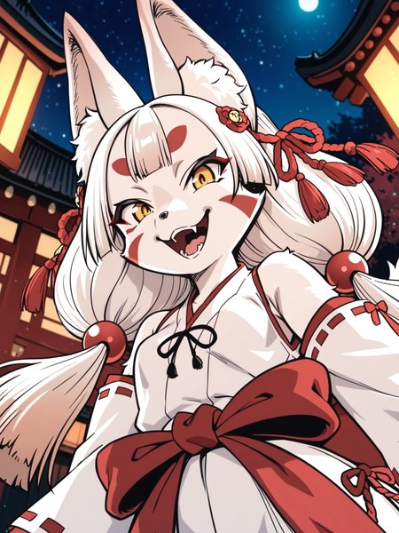 <lora:happy_tentacle-junkohaku-v0.1:0.9>, ht_junkohaku, hair ornament, jingle bell, fox tail, yellow eyes, small breasts, white fur , smile, open mouth, outdoors, night cowboy shot, 1girl, (petite:1.2), solo focus, (looking at viewer:1.1), sidelighting, (depth of field:0.8), (from below:0.8), score_9, score_8_up, score_7_up, score_6_up, score_5_up, score_4_up