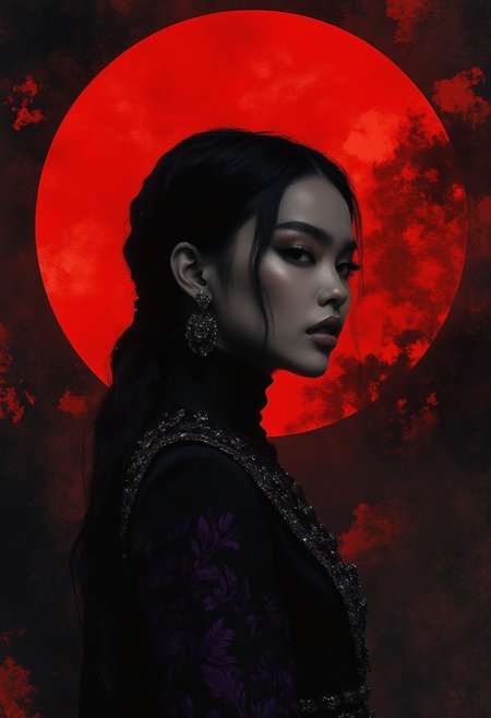 fg ,midjourney, 
red and black minimal theme, geomtric lines, korean beauty portrait, black sun,lighting shining on her face, beautiful, dark background, contrast of color and darkness, purple pallete painting, wearing a modern har with motiffs, floating black snow, frozen in black ice, refraction of light in ice scuplture
,
