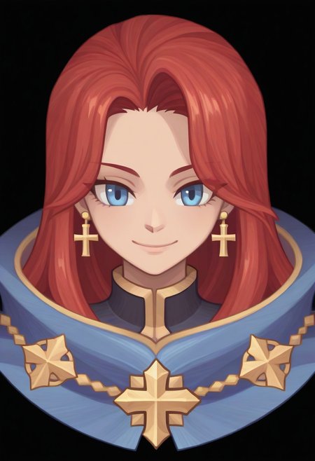 (Black background) <lora:afkArenaIllustrious:1>
afkArenaStyle, 1girl, female, solo, portrait, female focus, red hair, blue eyes, long hair, light skin, smile, looking at viewer, beautiful, blue cloak with gold trimming, cross earrings
Ragnarok online character
ROSPRITE