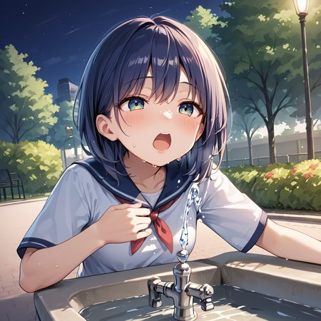 score 9,score_8_up,score_7_up,park,1girl,woman 
 <lora:drinking_fountain:0.8> drinking_fountain ,drink_water,  open mouth, faucet,
BREAK outdoors, park, night time, sweaty,