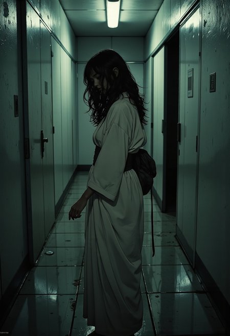 Japanese horror with a minimalist yet deeply unsettling aesthetic, inspired by classic J-horror cinematography. A muted color palette of pale whites, deep blacks, and desaturated blues, with stark lighting that creates an eerie contrast.
 A mid-shot from a slightly high angle, emphasizing an unsettling perspective a lone woman stands in the middle of a narrow, dimly lit hallway, her figure partially silhouetted against a faint, flickering light. The hallway stretches unnaturally long behind her, fading into an abyss of shadows.
She wears a simple, loose white yukata, the fabric slightly damp as if touched by morning mist. Her long, jet-black hair clings unnaturally to her shoulders, strands curling upward as if reaching. Her face is half-hidden behind her hair, but her mouth is visible lips slightly parted, revealing an unnatural stillness, as if frozen mid-whisper.
The hallway is unsettlingly clean, sterile even, yet something feels off the walls seem slightly warped, the proportions subtly wrong.