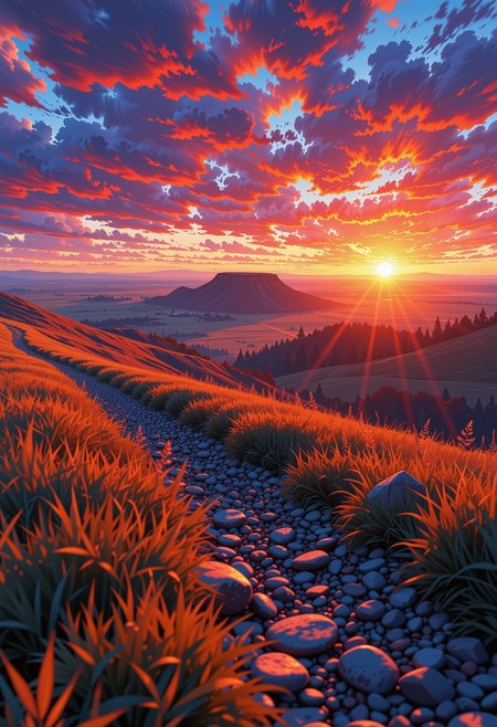 In the predawn hours, a vibrant sunrise illuminates the vast, sprawling prairie, casting a golden glow that dances across the landscape. the scene unfolds with a dramatic interplay of light and shadow. The horizon is a blazing tapestry of fiery reds, oranges, and yellows, set against the deep, cool tones of the night sky, which remains a haunting expanse of black and blue. The mist rising from the prairie adds an ethereal, almost magical quality to the scene, creating a delicate veil that softens the contours of the land. The focal shadow, cast by the plateau, cuts a sharp, diagonal line across the composition, enhancing the sense of depth and mystery. The gravel and scattered rocks, partially covered by tufts of golden grass, form a textured foreground, adding a sense of rough, natural beauty to the otherwise serene landscape. subtle luminous energy effects pepper the scene, casting dynamic highlights that interact with the mist and the shadows. The gravel, with its polished, smooth texture, glistens under the ethereal glow as it (curves away) into the lower left third of the scene, while the grass sways gently in the early morning breeze, creating a sense of movement and vitality. The high-contrast color palette, with its bold and vibrant hues, brings the scene to life, creating a powerful and otherworldly atmosphere. Every element, from the fiery sunrise to the dark, shadow-drenched areas, is meticulously detailed, with fine gradients and intricate textures that enhance the overall intensity and dynamic range. The result is a captivating and energetic landscape that feels both familiar and profoundly mystical, a testament to the beauty and power of nature., ultra-detailed, hyper-detailed, ambient lighting, volumetric lighting, (masterpiece), (Amazing quality), (phenomenal aesthetic), cinematic moment, 8K<lora:FLUX_Ghibsky_Illustrations.safetensors:0.8:1.0>
