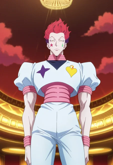 masterpiece, best quality, intricate details, anime screencap, anime coloring, official style, , 1boy, solo, male focus, <lora:hisoka_morow_ilxl:0.94>, hisoka_morow, red hair, yellow eyes, facial mark, star \(symbol\), wide angle, wide shot, cowboy shot, las vegas, casino, day, clouds, leaning back, expressionless,
