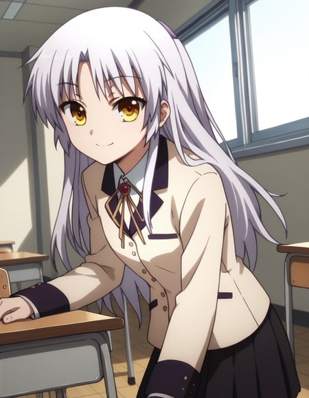 score_9, score_8_up, score_7_up, source_anime,
kanadetachibana, <lora:kanade-tachibana-s1-ponyxl-lora-nochekaiser:1>,
kanade tachibana, long hair, white hair, yellow eyes, 
skirt, school uniform, jacket, blazer, skirt, black skirt, pleated skirt, long sleeves,
indoors, classroom, bent over, smile,
looking at viewer, solo, cowboy shot, dutch angle,
