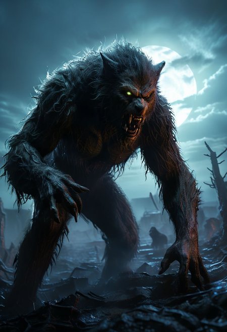 Masterpiece, 32k, photorealistic:1.4,  ((((SFW)))), score_9, score_8_up, score_7_up, Werewolf at night,  Immerse yourself in a desolate post-apocalyptic worl,wandering through the desolated, barren land. Feel the overwhelming sense of loneliness and melancholy as you gaze into the distance. Utilize HDR and ray tracing to enhance the atmospheric lighting and capture the haunting beauty of the backdrop, KodakPhotoMaybe, Fallout, Cyberpunk, vltdr, werewolf