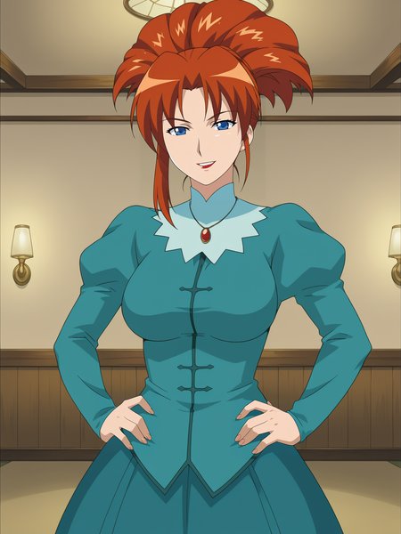 <lora:Marianne-The_Duchess_of_Busty_Mounds:0.7>,Marianne,1girl,solo,blue eyes,red hair,lipstick,ponytail,breasts,juliet sleeves,dress,cowboy shot,hands on own hips,looking at viewer,indoors,smile