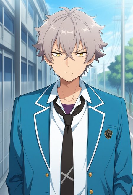 masterpiece,best quality,amazing quality, source_anime, 
kogaoogami, 1boy, male focus, solo, yellow eyes, grey hair, jewelry, earrings, school uniform, purple undershirt, shirt, white shirt, collared shirt, necktie, black necktie, jacket, blazer, blue jacket, open jacket, long sleeves, frown,
outdoor,