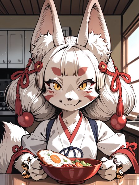 <lora:happy_tentacle-junkohaku-v0.1:1>, ht_junkohaku, hair ornament, jingle bell, fox tail, yellow eyes, small breasts, white fur , raised eyebrows, indoors, kitchen (close-up:0.7), 1girl, (petite:1.2), solo focus, (looking at viewer:1.1), , (depth of field:0.8), , [(realistic, photorealistic:1.2):(realistic:1.3):22], [(3d:1.2)::10], <lora:LUUNA's Lunas-NijiJourney-SDXL-B2:0.6>, nijijourney, <lora:prgfrg23's Counterfeit-V3.0 Style SDXL_LoRA_Pony Diffusion V6 XL:0.3> score_9, score_8_up, score_7_up, score_6_up, score_5_up, score_4_up